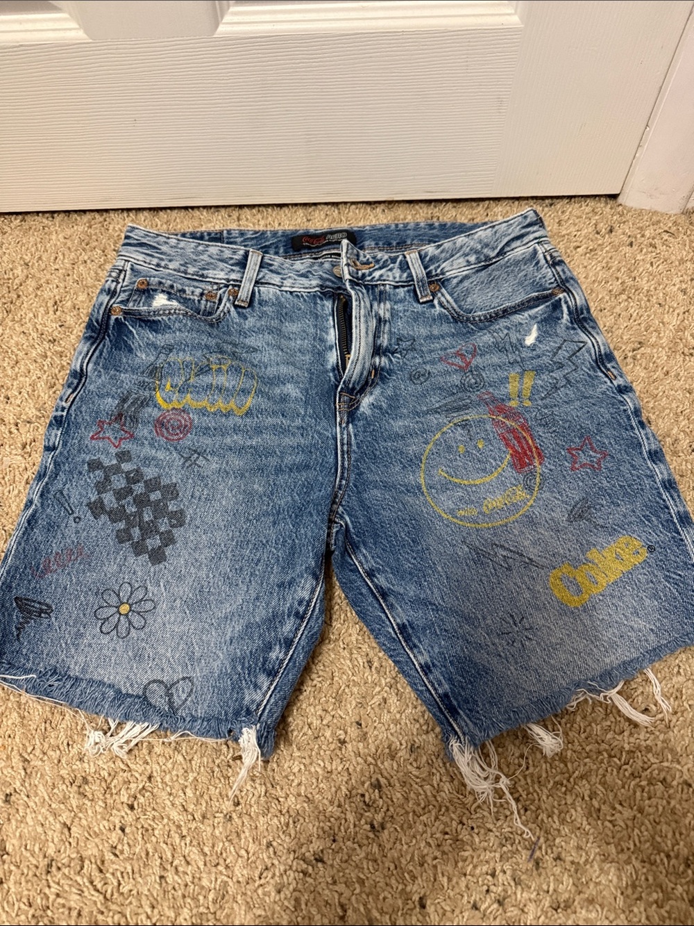 Aero x Coca Cola Blue Denim Jean Shorts with Colorful Graphic Prints